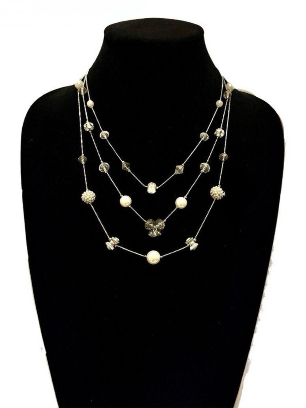 WHITE HOUSE BLACK MARKET Layered Pearl & Crystal Silver Bib Necklace | NWT